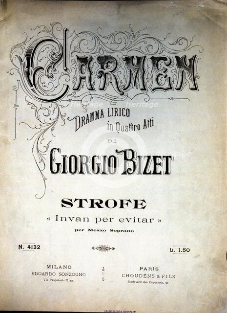 Cover of the score of the opera 'Carmen' by Giorgio Bizet, Italian edition from 1920.