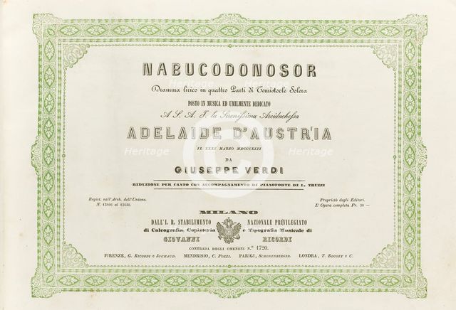 Cover of the score of the opera Nabucco by Giuseppe Verdi, 1842.