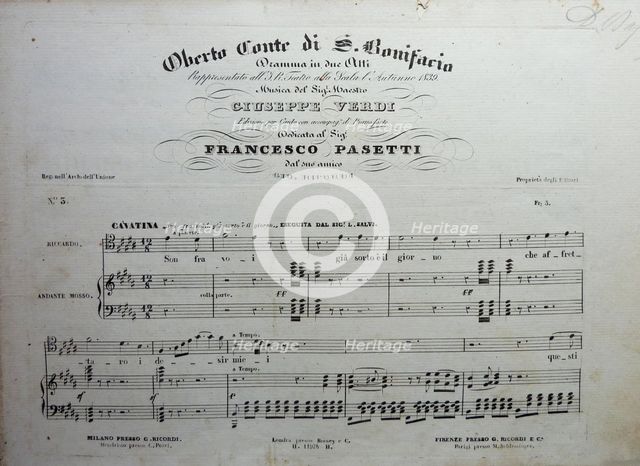 Cover of the score of the opera Oberto conte di San Bonifacio by Giuseppe Verdi, 1850.