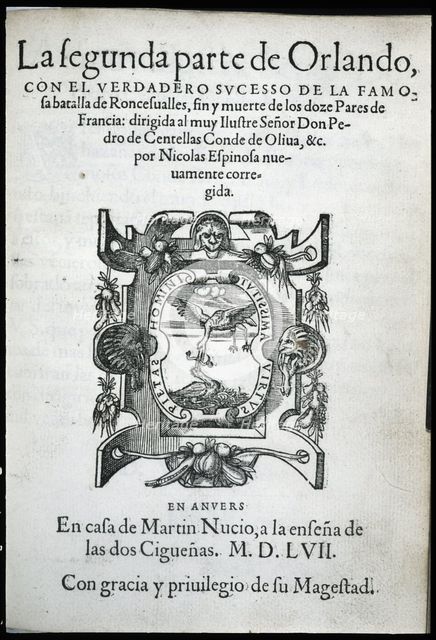 Cover of the second part of the rare edition of 'Orlando Furioso', 1557-1558. Creator: Ariosto, Ludovico (1474 - 1533).