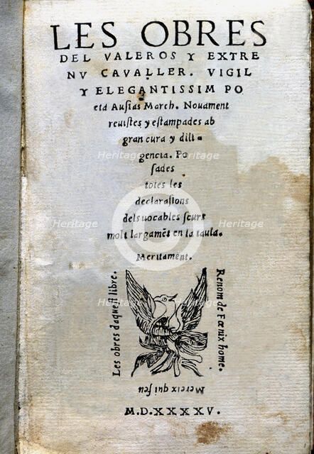 Cover of the third edition of the works by Ausias March (1397? -1459), Printed in Barcelona in 15…