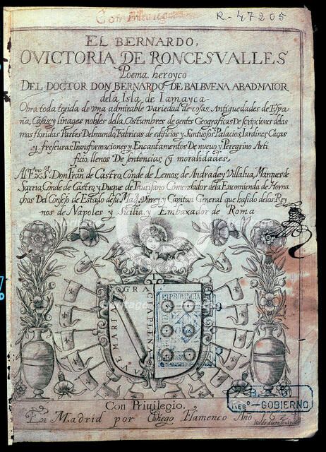 Cover of the 'Victoria de Roncesvalles' by Bernardo de Balbuena, first edition, printed by Diego …