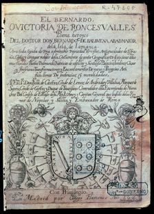 Cover of the Victoria de Roncesvalles by Bernardo de Balbuena, first edition, printed by Diego …