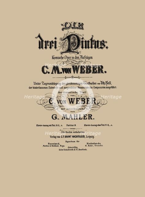 Cover of the vocal score of opera Die drei Pintos by Carl Maria von Weber, 1888.