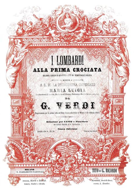 Cover of the vocal score of opera I Lombardi alla prima crociata by Giuseppe Verdi, 1861.