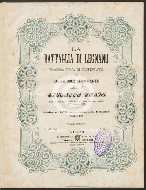 Cover of the vocal score of opera La battaglia di Legnano by Giuseppe Verdi, 1860.