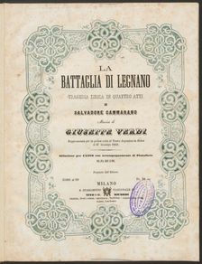 Cover of the vocal score of opera La battaglia di Legnano by Giuseppe Verdi, 1860