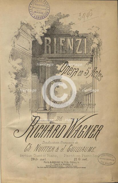 Cover of the vocal score of opera "Rienzi, the last of the tribunes" by Richard Wagner, 1890s. Creator: Anonymous.