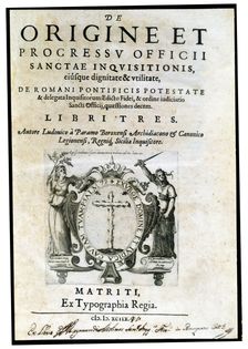 Cover of the work De origine et progressu officci sanctae, Inquisitionis 1598. Creator: Paramo, Luis del