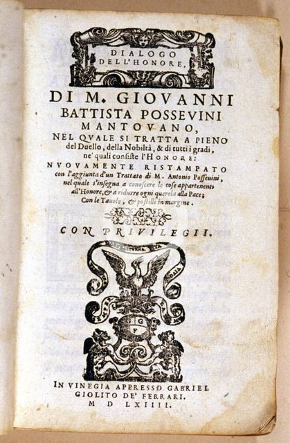 Cover of the work 'Dialogo dell´Honore' by M. Giovanni Battista Possevini, 1564. Creator: Possevinus, M. Giovanni Battista (1520-1549).
