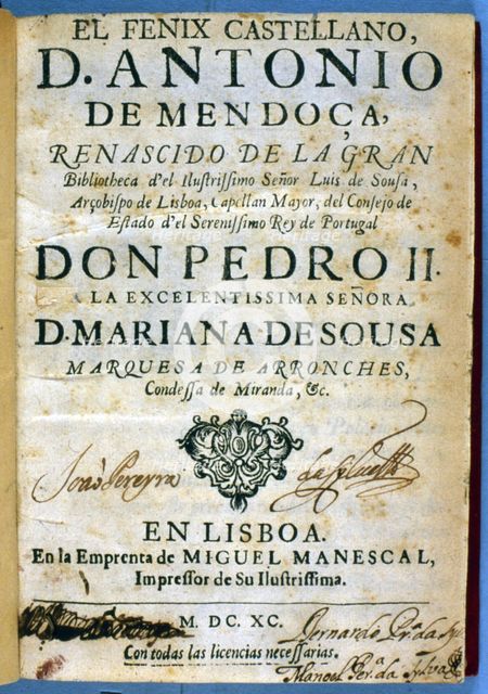 Cover of the work 'El fenix castellano' (The Castilian phoenix), 1690. Creator: Hurtado de Mendoza, Antonio (1586-1644).