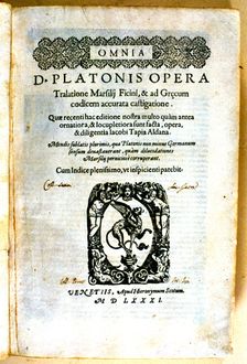 Cover of the work Omnia de Platonis opera Tralationes e Marsilii Ficini ad Graecum 1581. Creator: Unknown