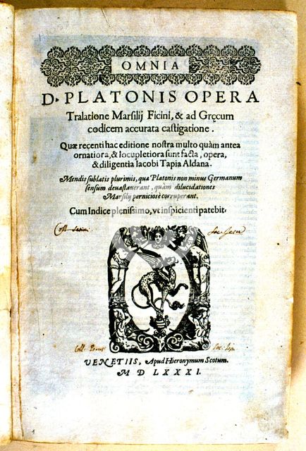 Cover of the work 'Omnia de Platonis opera Tralationes e Marsilii Ficini ad Graecum',  1581. Creator: Unknown.