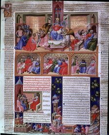 Cover with different scenes. Miniature in Codex Justinian Institutiones Feudorum et Alia c.1300