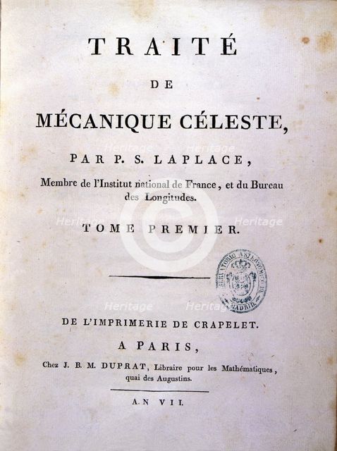 Cover 'Traité de Mécanique Céleste', by Pierre Simon Laplace, published in Paris.