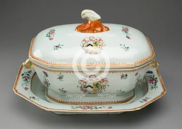 Covered Tureen and Stand with the Arms of French Impaling Sutton, China, c. 1765. Creator: Jingdezhen Porcelain.