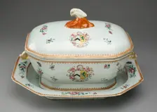 Covered Tureen and Stand with the Arms of French Impaling Sutton, China, c. 1765. Creator: Jingdezhen Porcelain