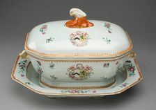 Covered Tureen and Stand with the Arms of French Impaling Sutton, China, c. 1765. Creator: Jingdezhen Porcelain