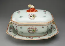 Covered Tureen and Stand with the Arms of French Impaling Sutton, China, c. 1765. Creator: Jingdezhen Porcelain