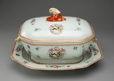 Covered Tureen and Stand with the Arms of French Impaling Sutton, China, c. 1765. Creator: Jingdezhen Porcelain
