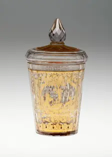Covered Beaker with Coat of Arms and Hunting Scene, Bohemia, c. 1730. Creator: Bohemia Glass
