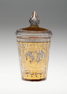 Covered Beaker with Coat of Arms and Hunting Scene, Bohemia, c. 1730. Creator: Bohemia Glass