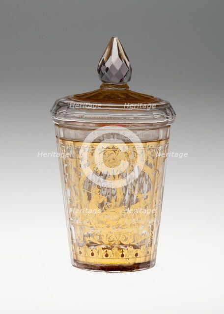 Covered Beaker with Coat of Arms and Hunting Scene, Bohemia, c. 1730. Creator: Bohemia Glass.