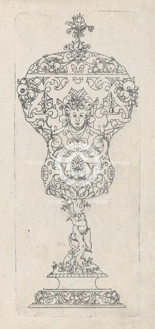 Covered Goblet, Pear shaped bidy on shaft og twisted tree-trunk with bear treed by dog,.n.d., n.d.. Creator: Jonas Silber.