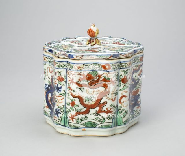 Covered Hexagonal Lobed Jar with Dragons Chasing a..., Ming dynasty, Wanli reign, (1573-1620). Creator: Unknown.