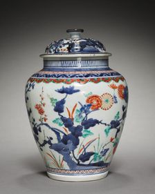 Covered Jar with Chrysanthemums, Peonies, and Prunus: In Kakiemon Style, late 17th century. Creator: Unknown