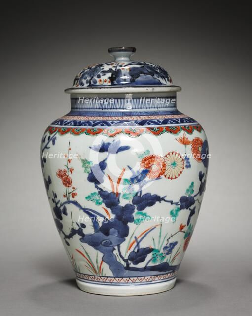 Covered Jar with Chrysanthemums, Peonies, and Prunus: In Kakiemon Style, late 17th century. Creator: Unknown.