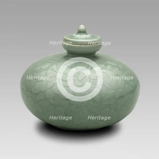 Covered Oil Bottle with Flowering Lotus and Scrolling Leaves, North Korea, Goryeo..., 12th century. Creator: Unknown.