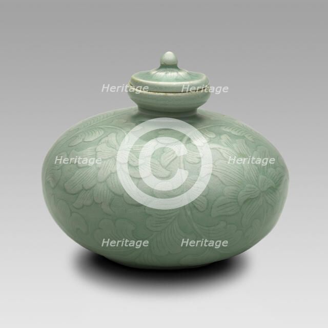 Covered Oil Bottle with Flowering Lotus and Scrolling Leaves, North Korea, Goryeo..., 12th century. Creator: Unknown.