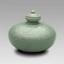 Covered Oil Bottle with Flowering Lotus and Scrolling Leaves, North Korea, Goryeo..., 12th century. Creator: Unknown