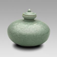 Covered Oil Bottle with Flowering Lotus and Scrolling Leaves, North Korea, Goryeo..., 12th century. Creator: Unknown