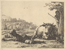 Cow, adult sheep, and young sheep lying in the grass; beyond, a shepherd stands partially ..., 1656. Creator: Karel Du Jardin