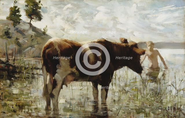 Cow and Boy, 1885. Creator: Akseli Gallen-Kallela.
