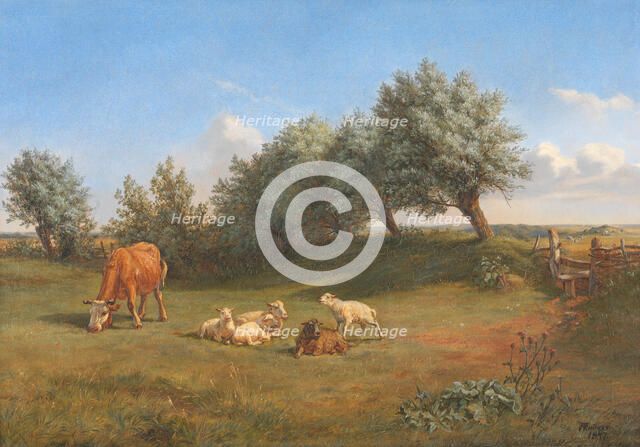Cow and sheep, 1847. Creator: Andreas Peter Madsen.