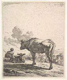 Cowherd with cow and calf on a hillside, the cowherd viewed from behind and seated in the ..., 1658. Creator: Karel Du Jardin