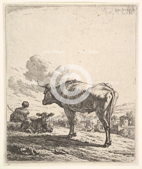 Cowherd with cow and calf on a hillside, the cowherd viewed from behind and seated in the ..., 1658. Creator: Karel Du Jardin.