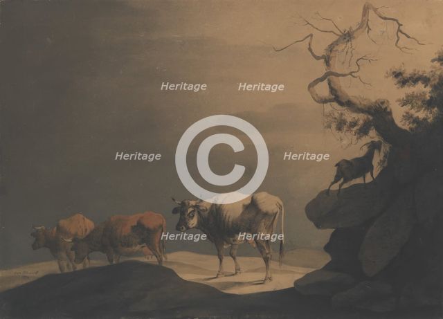 Cows and a Goat in a Landscape, 1774. Creator: Attributed to Jean Pillement.