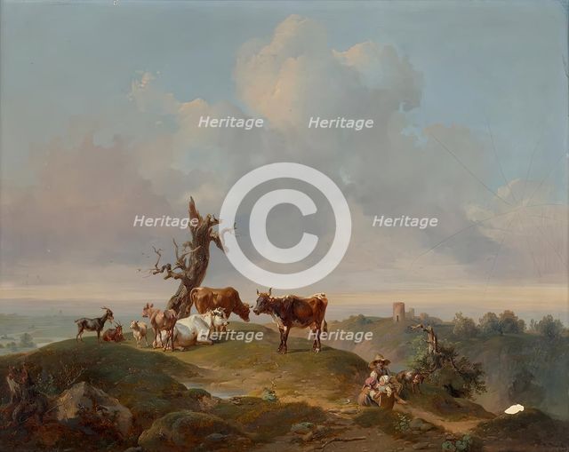 Cows and goats in the pasture, 1840. Creator: Joseph Heicke.