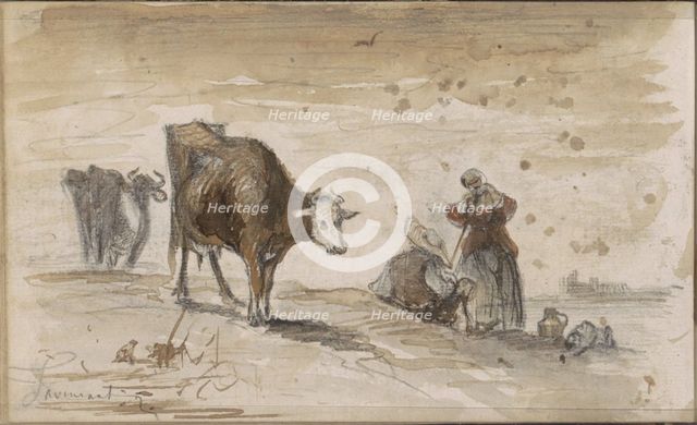 Cows and figures on a hill, 1864-1880. Creator: Johannes Tavenraat.