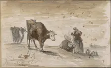 Cows and figures on a hill, 1864-1880. Creator: Johannes Tavenraat