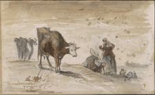 Cows and figures on a hill, 1864-1880. Creator: Johannes Tavenraat