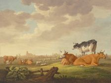 Cows and sheep in a meadow, a town in the distance, a milkmaid on the left. Creator: Aelbert Cuyp
