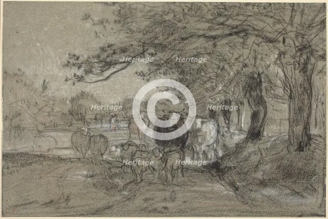 Cows and Sheep under Trees, c. 1850. Creator: Constant Troyon.