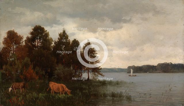 Cows by a lake, 1876. Creator: Fridolf Weurlander.