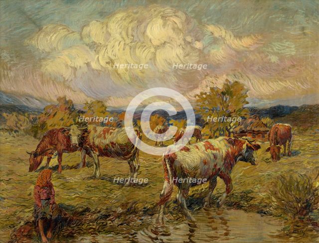Cows Grazing, around 1923. Creator: Gustav Mally.