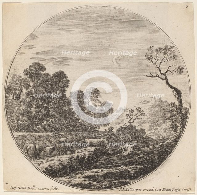 Cows Grazing in a Valley, 1646. Creator: Stefano della Bella.